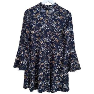 Wonderland Navy and White Floral High Neck Bell Sleeve Tunic Swing Dress‎ Small